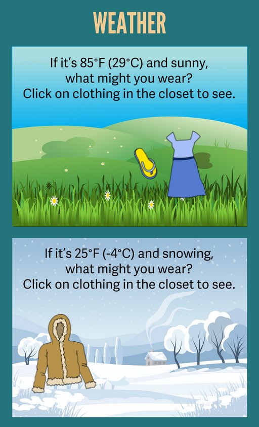Picture of summer and winter scenes and examples of the appropriate clothing for each season.