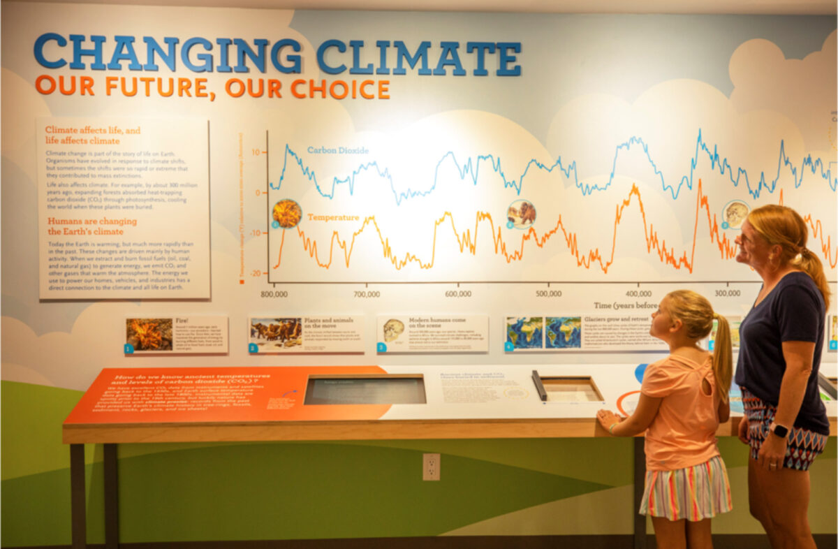 Photo of an adult and a child looking at a museum exhibit about climate change.