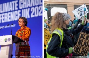Pictures of a woman speaking at a conference and of a protester on the street
