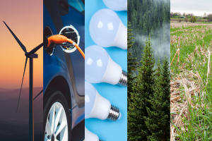 Image illustrating different strategies for climate change mitigation: wind energy, electric cars, energy conservation by using LED light bulbs, forest conservation, and climate-friendly agricultural practices such as no-till.