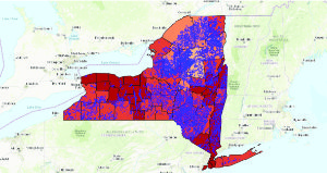 Map of New York State with temperature and trout data on it