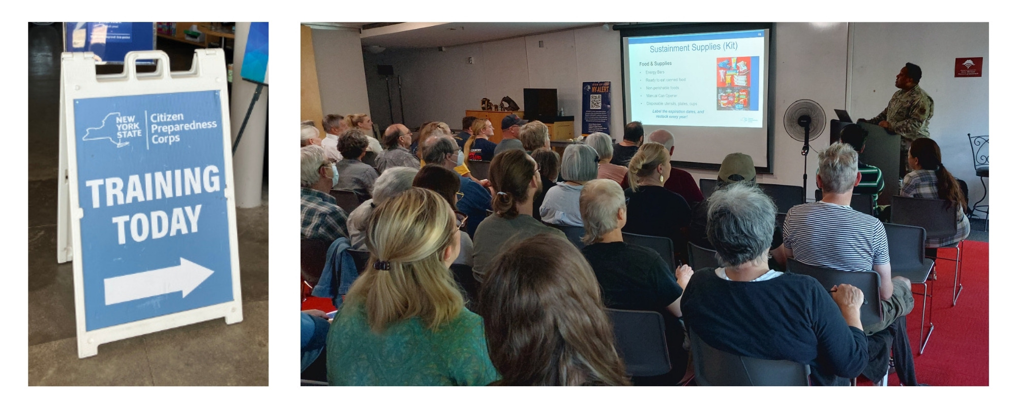 Photos showing a sign about preparedness training, and a classroom of people listening to a speaker.